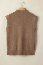 Brown ribbed knit mock neck sweater vest with cap sleeves.