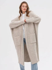 Oversized knit cocoon cardigan in Khaki with ribbed pockets and wide sleeves.