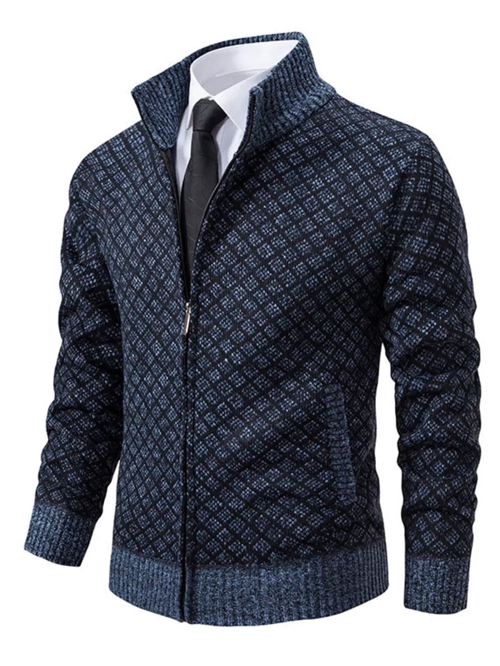 Men's Plus Size Textured Zip-up Cardigan in Black, back view