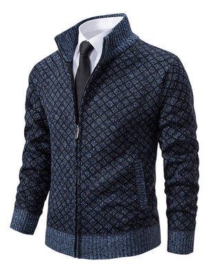 Men's Plus Size Textured Zip-up Cardigan in Black, back view