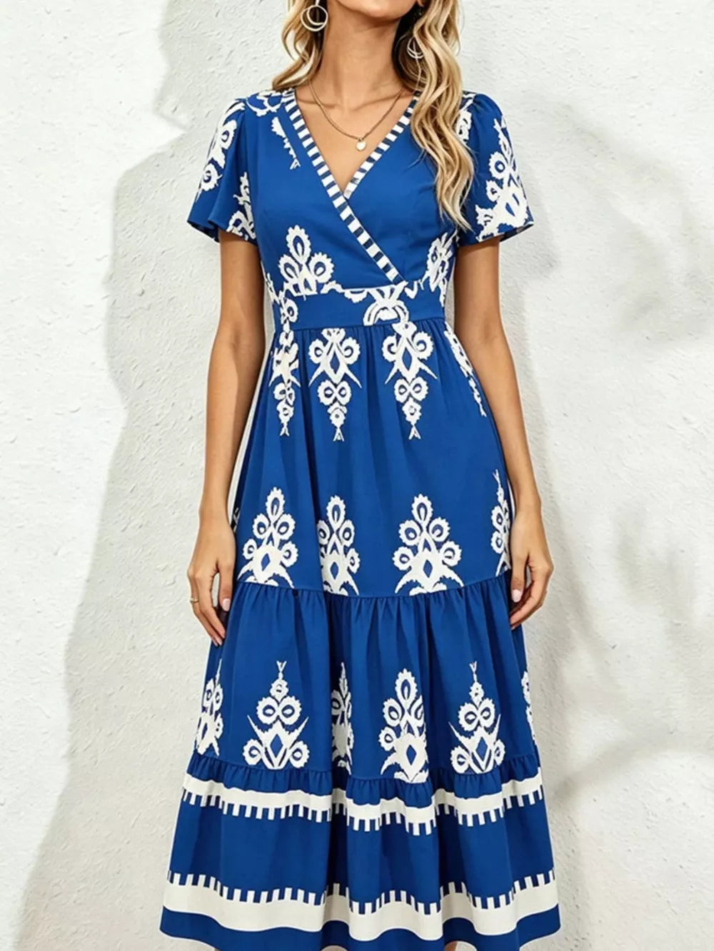 Printed Surplice Short Sleeve Dress in Blue, editorial view