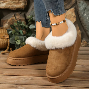 Khaki fuzzy trim platform slippers with chunky sole.