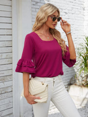 Ruffled sleeve square neckline top in watermelon pink with double-layered ruffled cuffs.