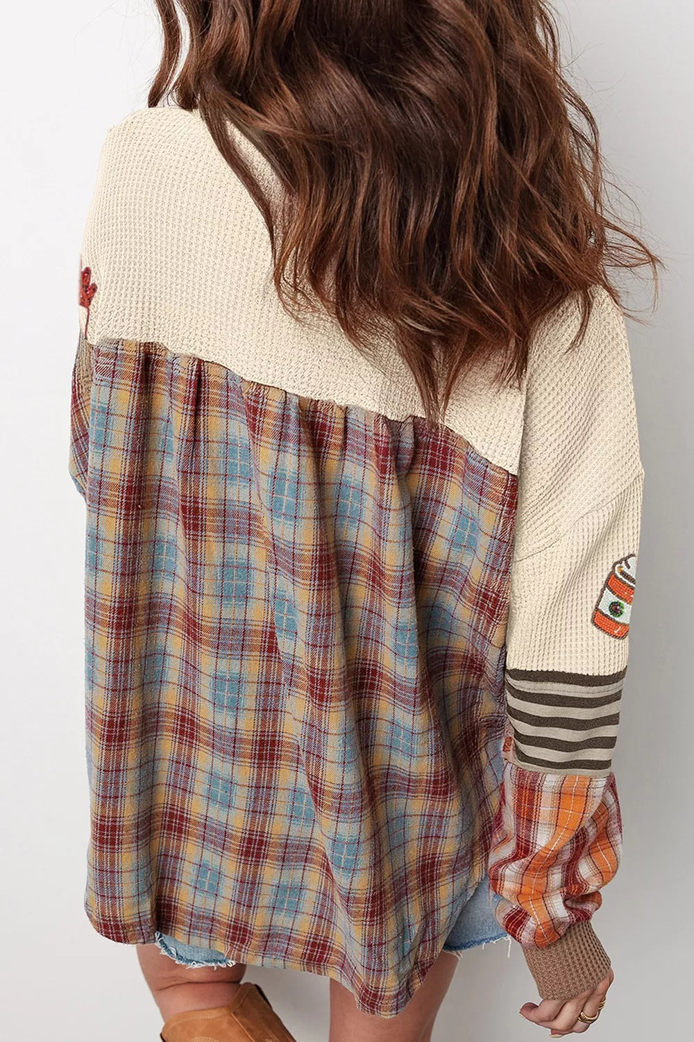 Sequin Autumn Leaf Coffee Cup Waffle Knit Top in Beige, side view