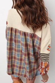 Sequin Autumn Leaf Coffee Cup Waffle Knit Top in Beige, side view
