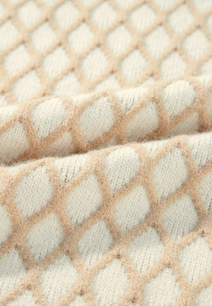 Cream diamond knit sweater with balloon sleeves, acrylic fabric detail