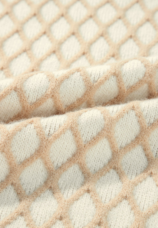 Cream diamond knit sweater with balloon sleeves, acrylic fabric detail