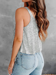 Sequin-embellished flounce tank top in silver with a relaxed fit.