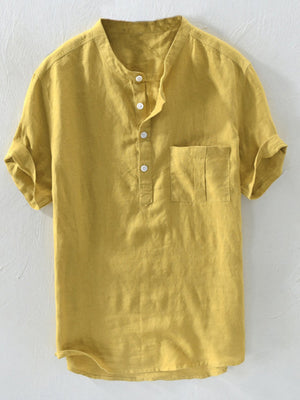 Yellow band collar casual shirt with short sleeves and a chest pocket.