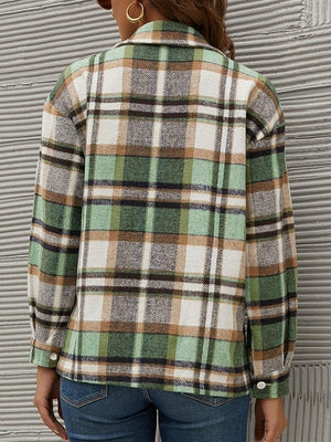 Green plaid collared long sleeve jacket with buttoned cuffs