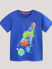 Blue cotton crew neck t-shirt with playful dinosaur and UFO graphic print.
