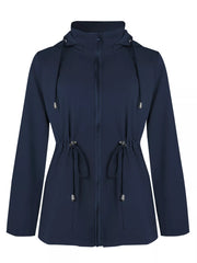 Dark blue hooded zip-up jacket with drawstring waist and hood