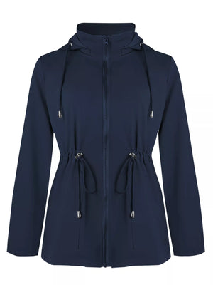 Dark blue hooded zip-up jacket with drawstring waist and hood