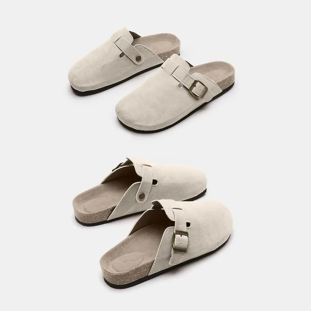 Beige suede clog slides with cork sole and buckle detail