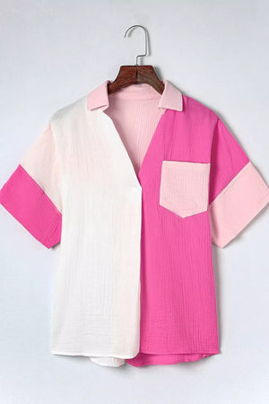 Cotton color block casual shirt with short sleeves and a chest pocket.