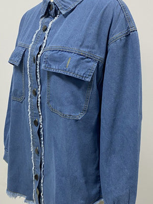 Medium wash denim overshirt with frayed edges and buttoned chest pockets.