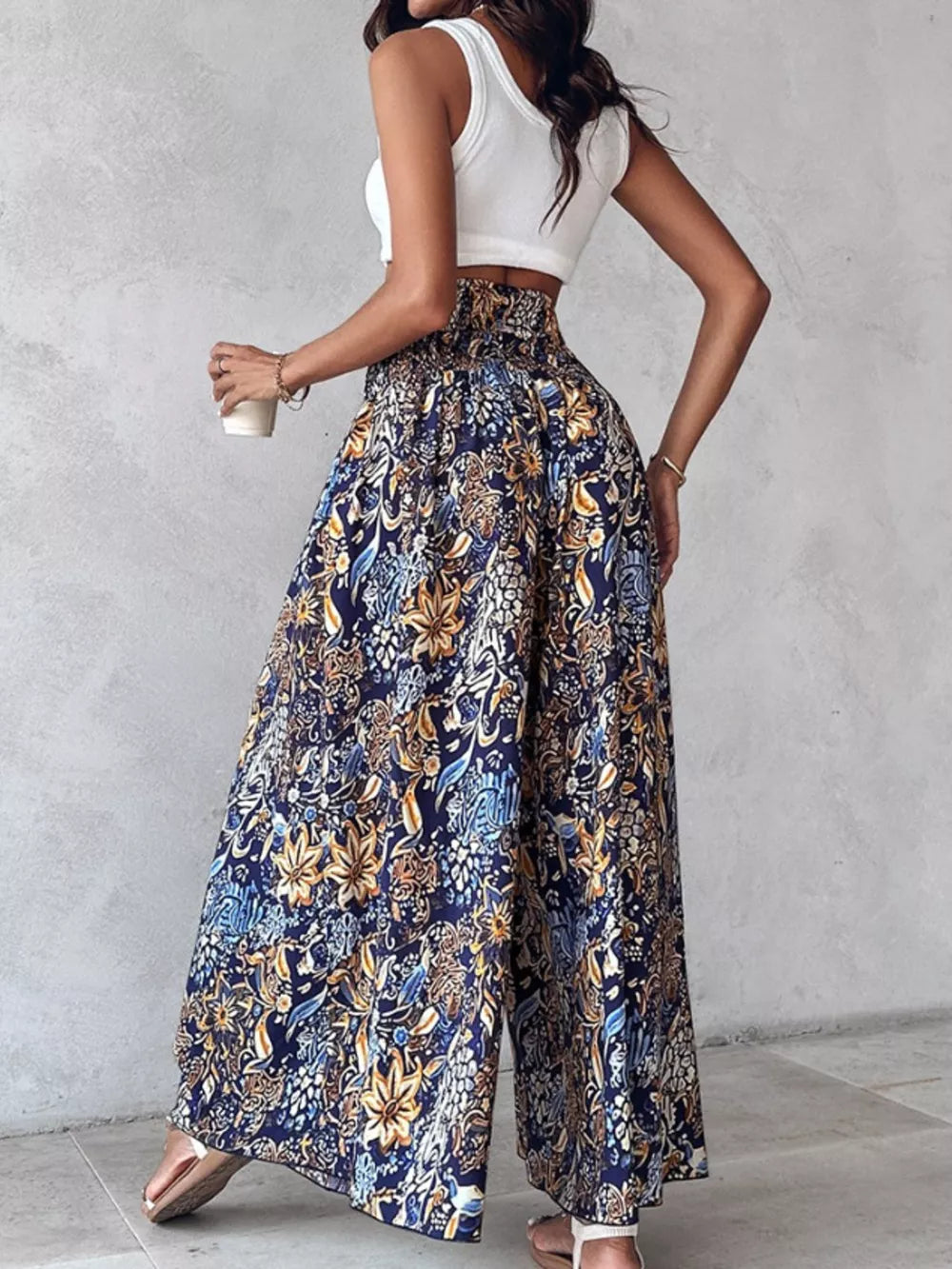 Bohemian print wide-leg pants in dark navy with smocked waist detail