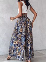Bohemian print wide-leg pants in dark navy with smocked waist detail