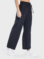 Black relaxed fit palazzo pants with drawstring waist and pockets