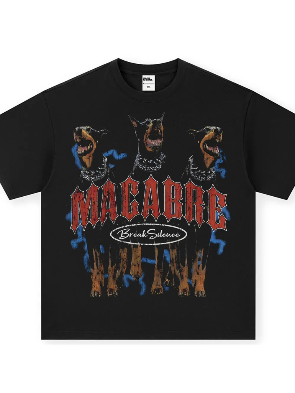 Black cotton blend t-shirt with graphic of three Rottweilers and "MACABRE Break Silence" text.