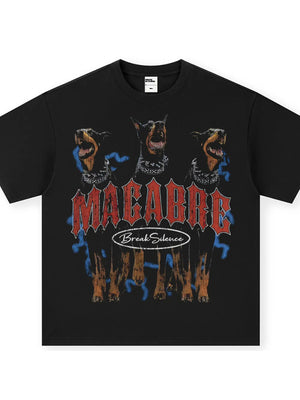 Black cotton blend t-shirt with graphic of three Rottweilers and "MACABRE Break Silence" text.