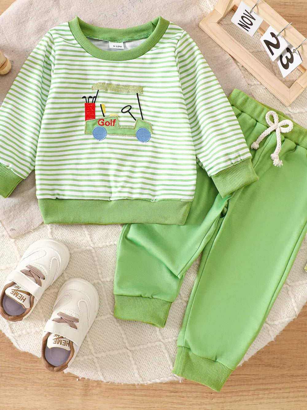 Children's Golf Cart Striped Top And Pants Set in Light Green, side view