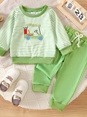 Children's Golf Cart Striped Top And Pants Set in Light Green, side view