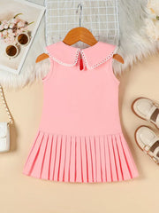 Pink toddler dress with lace collar and pleated skirt