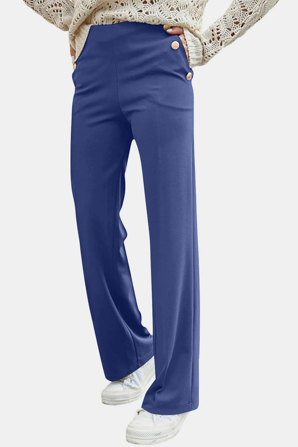Button Detail Wide Leg Trousers in Dusty Blue with gold button accents.