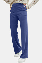 Button Detail Wide Leg Trousers in Dusty Blue with gold button accents.