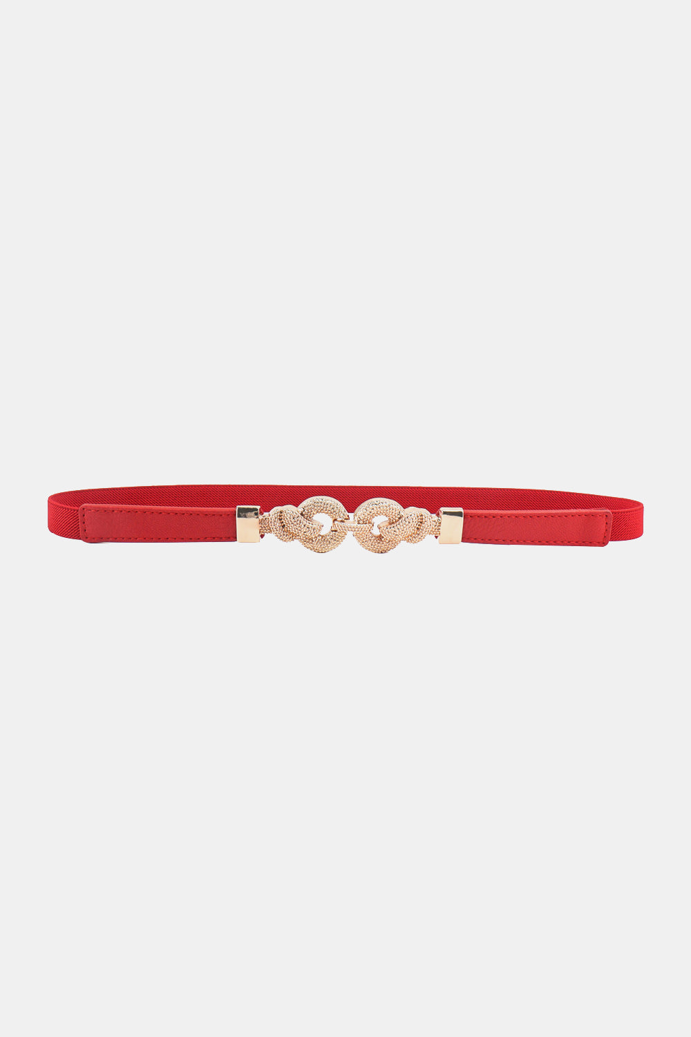 Red elastic belt with linked knot detail and gold hardware