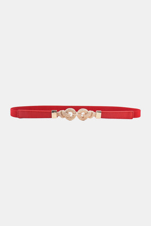 Red elastic belt with linked knot detail and gold hardware