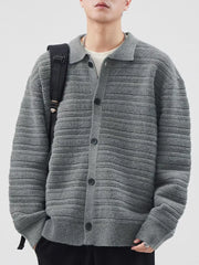 Men's gray ribbed knit button-down cardigan with a collar, acrylic material.