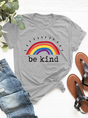 Gray crew neck t-shirt with rainbow graphic and "be kind" text
