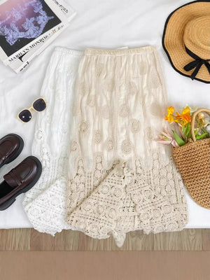 Luxe lace midi skirt in white and apricot with elastic waist and crochet detail