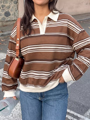 Striped Dropped Shoulder Sweatshirt in Coffee Brown, model styling view