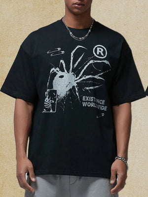Black oversized graphic tee with spider print and text
