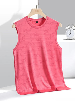 Men's lightweight round neck tank top in strawberry with a shark pattern.