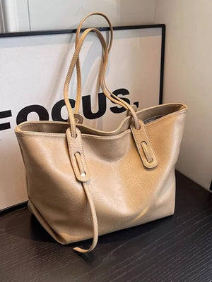 Elegant large khaki pu leather shoulder bag with thin straps