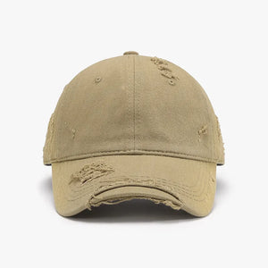 Khaki distressed denim baseball cap with frayed details