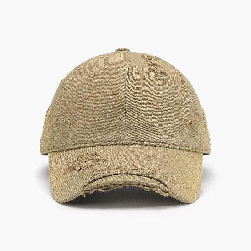 Khaki distressed denim baseball cap with frayed details