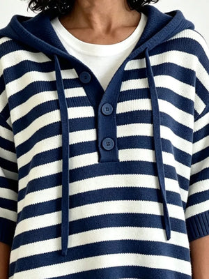 Striped Hooded Sweater With Button Detail in Blue, view 14