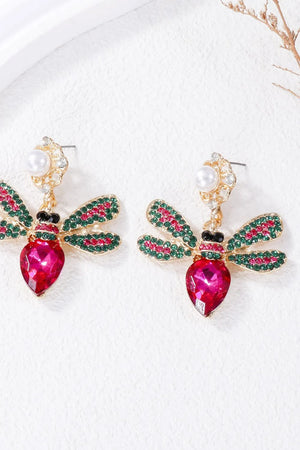 Jeweled dragonfly chandelier earrings with pearl, red and green crystals.