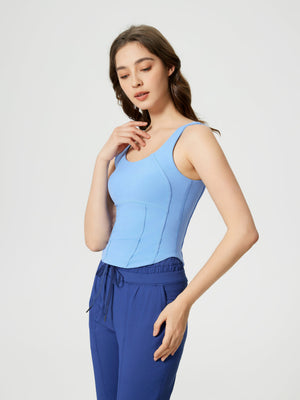 Light blue sculpted seam tank top with built-in support and scoop neckline.