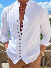 White linen shirt with mandarin collar and button placket detail