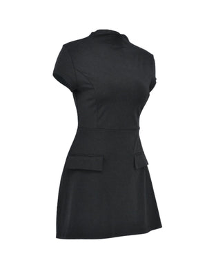 Black mock neck a-line mini dress with cap sleeves and two front flap pockets.