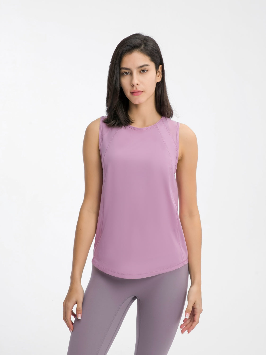 Pink Purple mesh-back performance tank top with a round neckline and sleeveless cut.