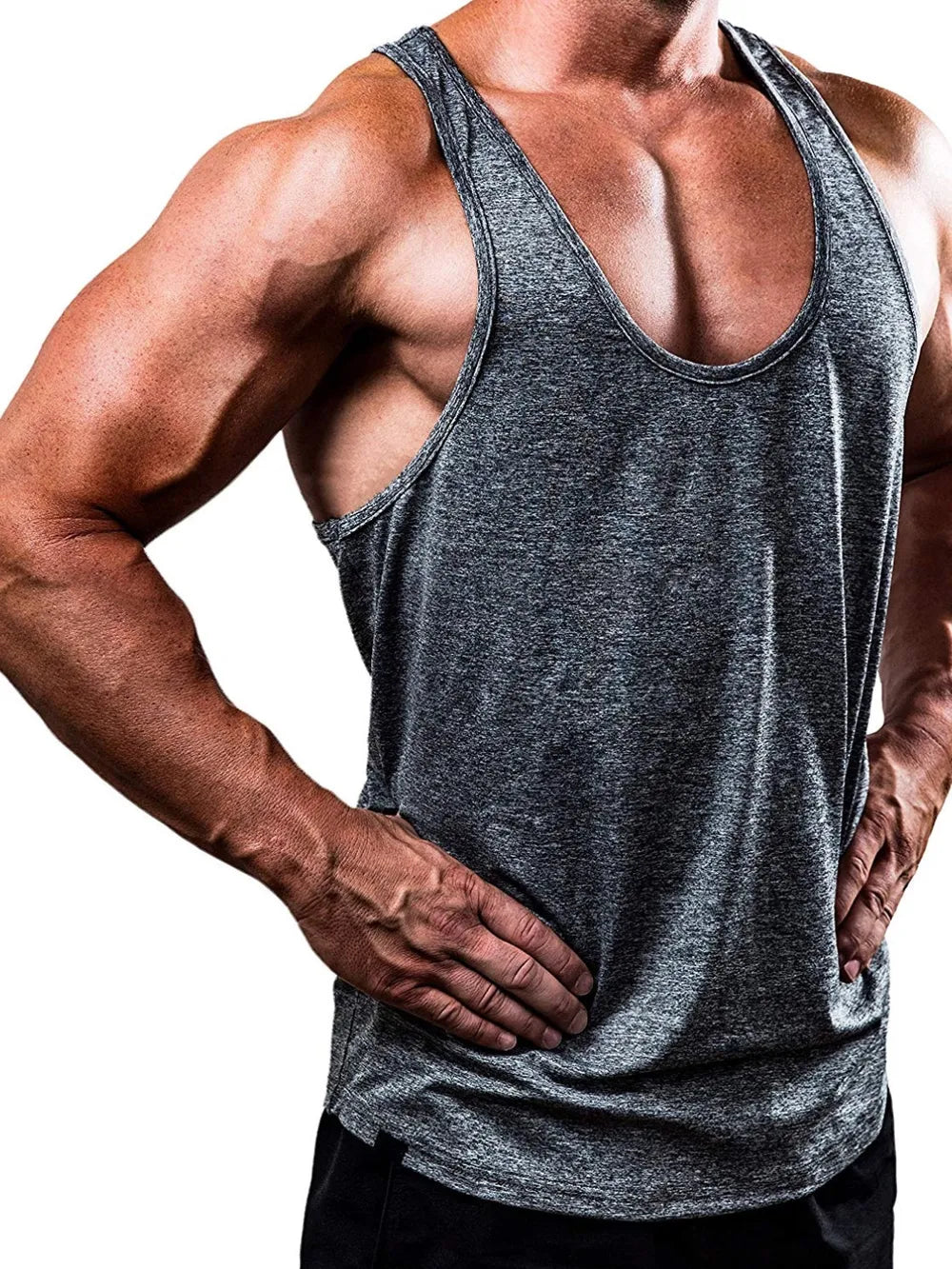 Performance racerback tank top in dark gray heather with a scoop neck.