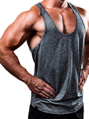 Performance racerback tank top in dark gray heather with a scoop neck.
