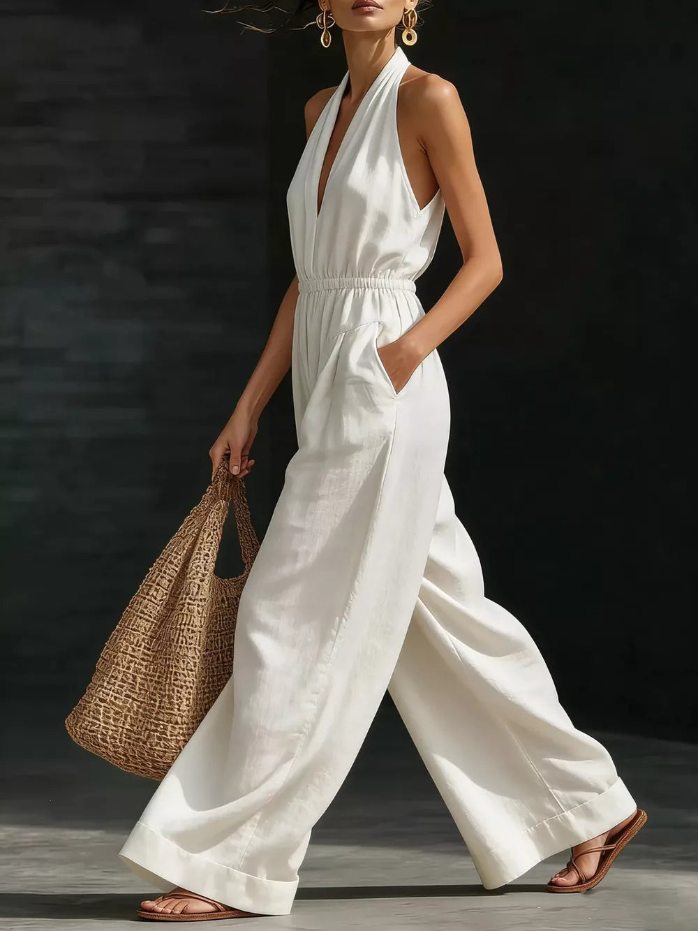 White wide-leg halter jumpsuit with elastic waist and pockets, styled with a straw bag.